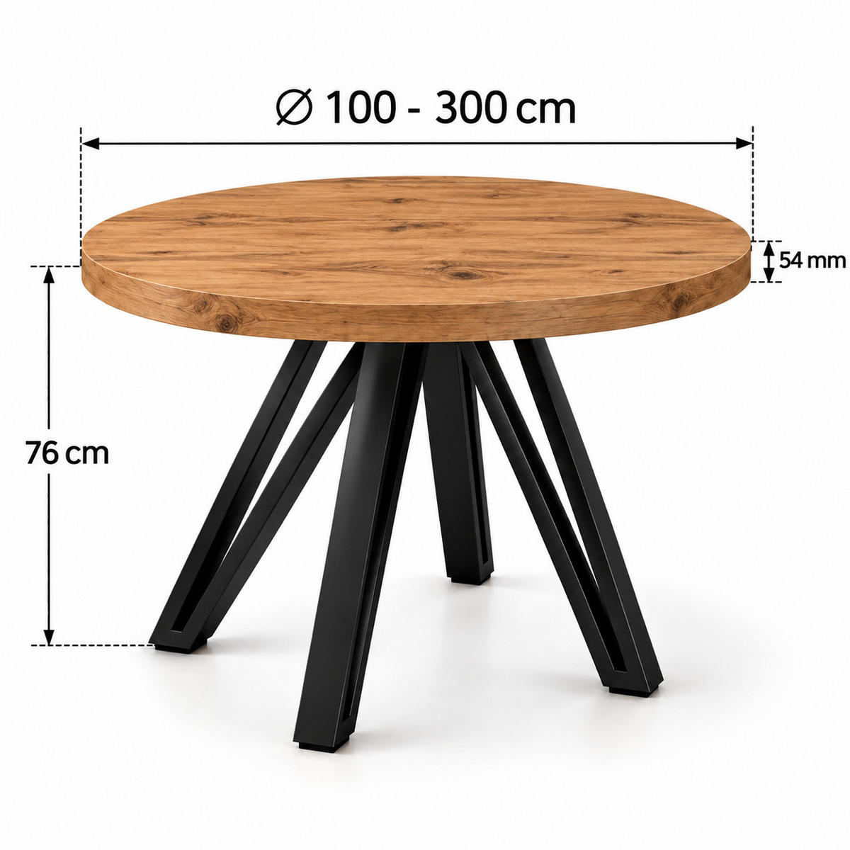 ESSTISCH rund ausziehbar 100/300/76 cm, Eiche Craft, 54 cm Tischplatte + Industrial Metallgestell Schwarz - Eichefarben/Schwarz, Holzwerkstoff/Metall (100/300/76cm) - Damale Möbel