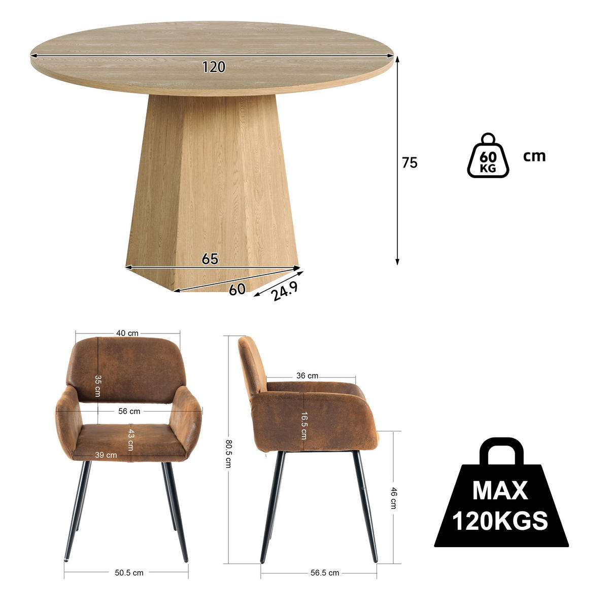 ESSGRUPPE 1+2 Runder Tisch Ø120cm Eiche & 2 braune Armlehnstühle - Eichefarben, Holzwerkstoff (120/75/120cm) - Urban Meuble