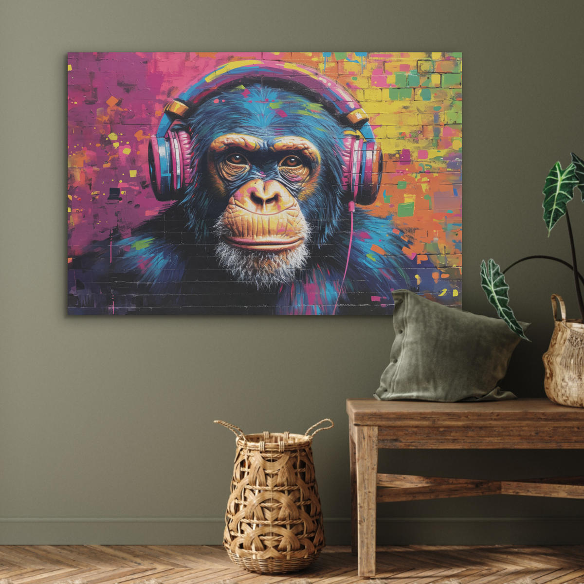 AKUSTIKPANEEL Graffiti - Schimpanse - Straßenkunst - Kopfhörer - Affe 100x70 cm - Blau, Textil (100/0.9/70cm) - MuchoWow