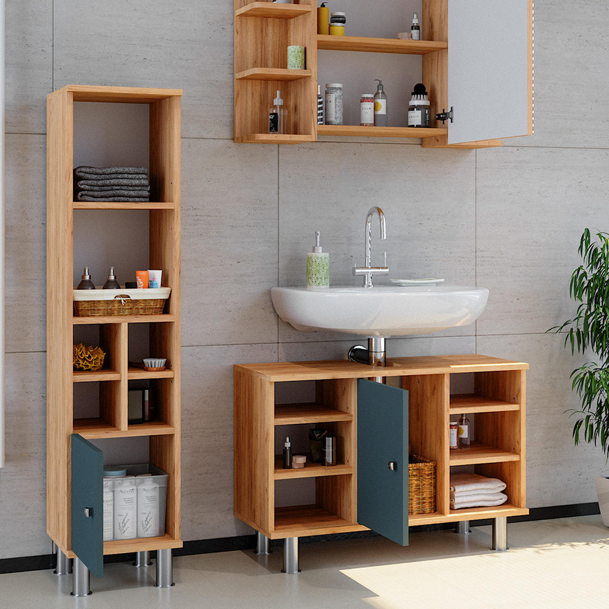 BADMÖBEL-SET Fynn Grün 3 Teile, mit Midischrank Tür klein - Honigeiche/Grün, Holzwerkstoff (60/54/32cm) - Vicco