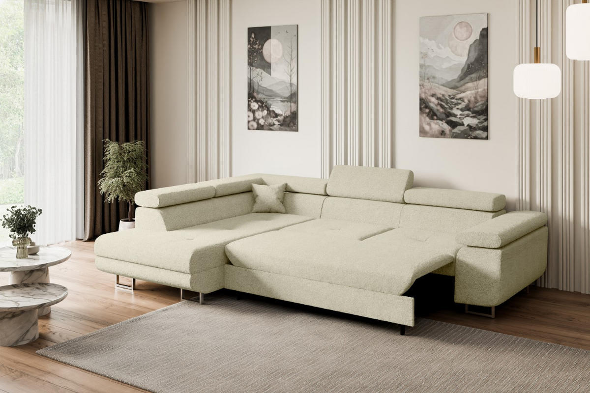 ECKSOFA mit Schlaffunktion und Bettkasten GUSA-L 272x202x107 cm Beige Bouclé - Beige/Silberfarben, Holzwerkstoff/Textil (202/272cm) - ALTDECOR