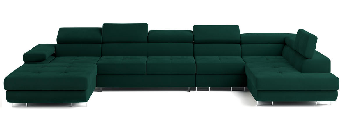 WOHNLANDSCHAFT VELORA R-S Grün Velours-Stoff mit Schlaffunktion - Grün, Holz (419/90/202cm) - MASSENO