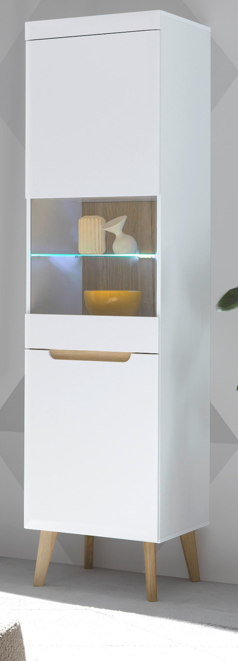 VITRINE weiß, Eiche, skandinavisch 53 x 197 cm, Vitrinenschrank mit Soft-Close - Eichefarben/Weiß, Glas/Holz (53/197/40cm) - Furn.Design