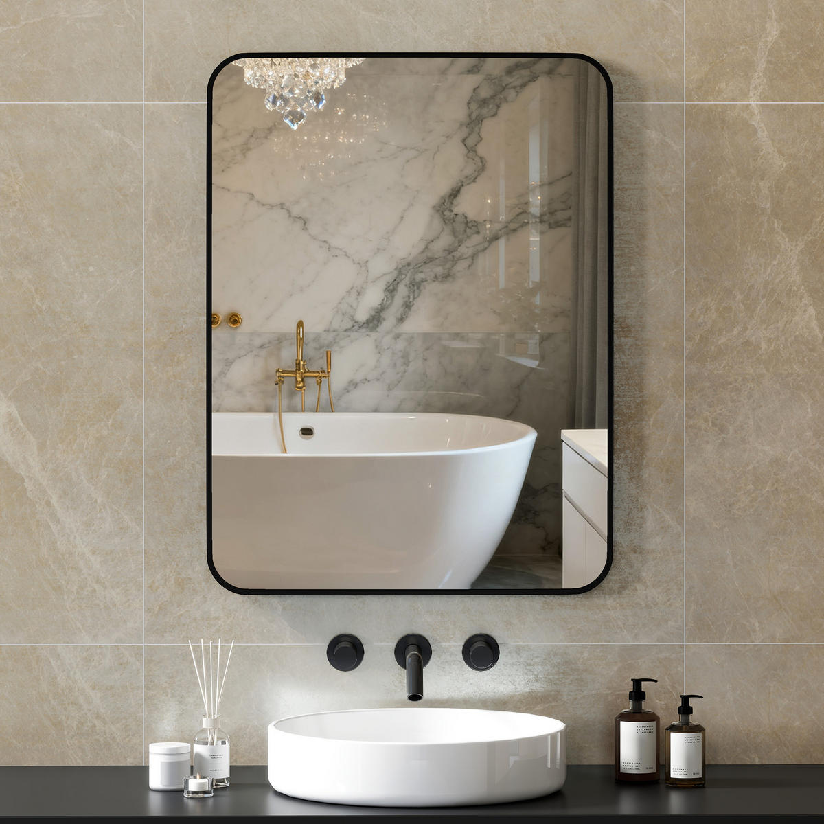 BADEZIMMERSPIEGEL Badezimmerspiegel mit Metallrahmen und Haken, 60 x 2,5 x 80 cm ,Schwarz - Schwarz, Glas (2.5/60/80cm) - Vallsero