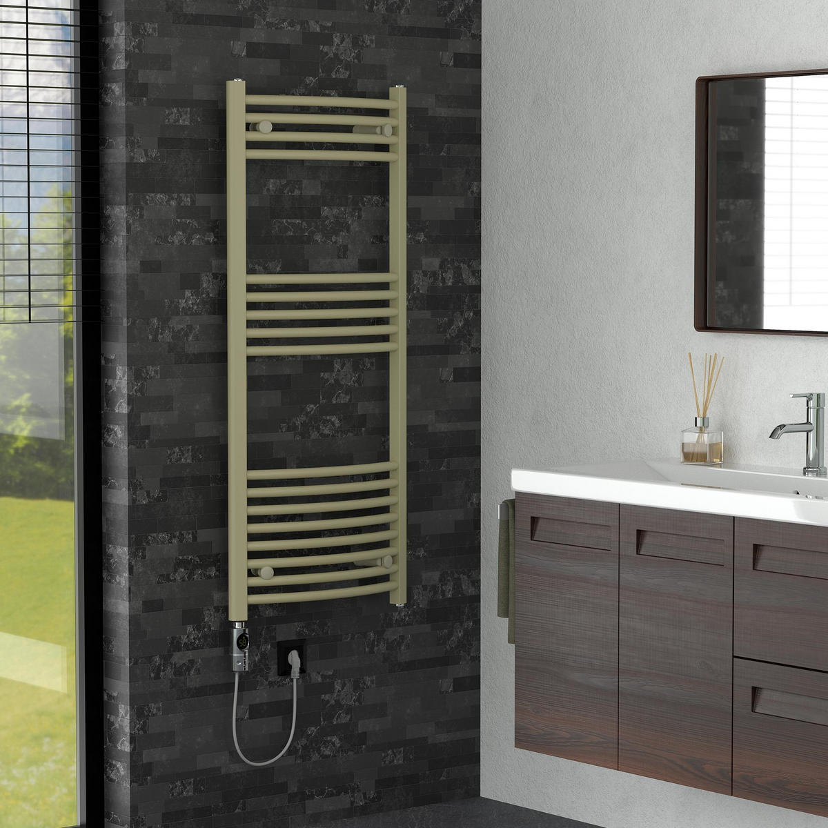 HANDTUCHHEIZKÖRPER elektrisch 500 x 1200 mm Beige Badheizkörper gebogen mit Seitenanschluss mit Heizstab 600W - Beige, Metall (50/120/3cm) - LuxeBath