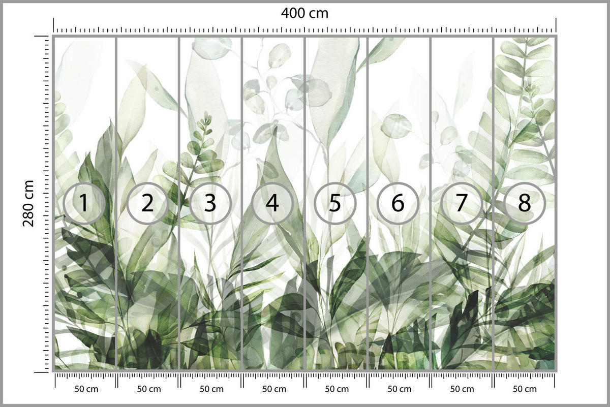 FOTOTAPETE für Schlafzimmer Aquarell Tropische Grüne Blätter Exotisch Blätter 400x280 - Weiß/Grün, Papier (400/280cm) - Muralo