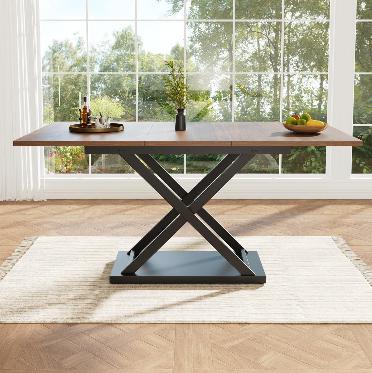 ESSTISCH aus MDF und Metall 120-160x80x75 cm Walnussfarben/Schwarz ausziehbar mit Kreuzgestell - Walnussfarben, Holzwerkstoff (160/80/75cm) - Modfu
