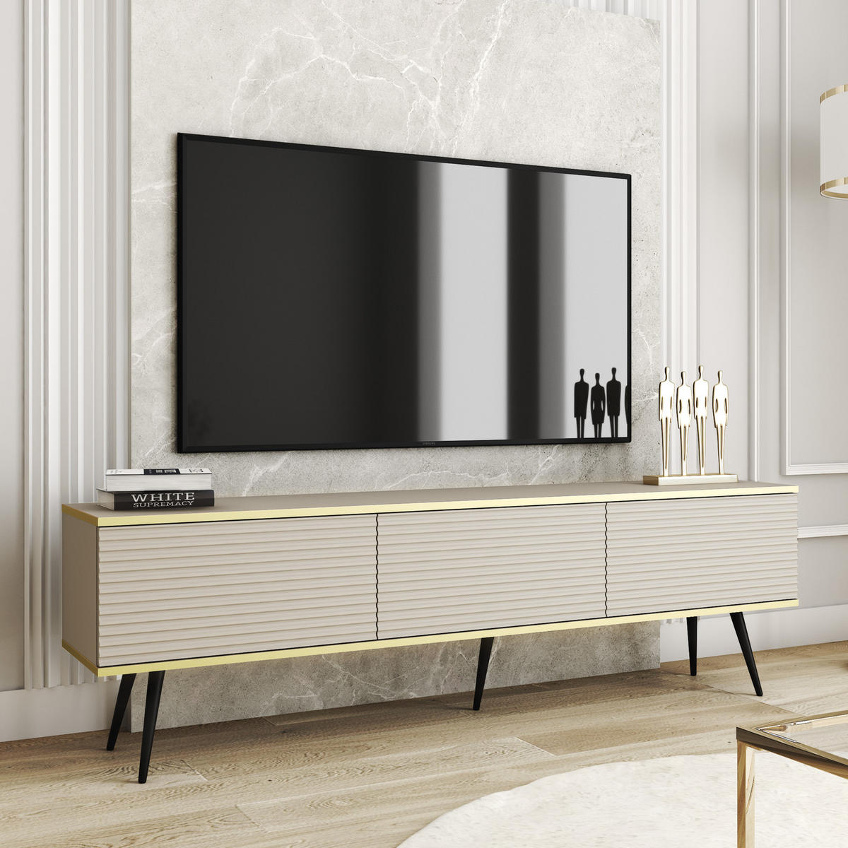TV-BOARD FORNO (Beige, Rillenfront, Goldene Details, 3 Klapptüren, schwarze Metallfüße, 175 cm) - Beige/Schwarz, Holz/Holzwerkstoff (175/53/32cm) - Ravio