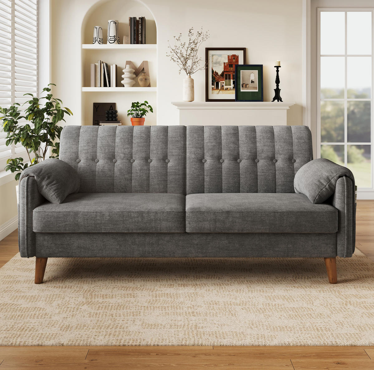 SOFA 161,5/79/83,5 cm in Hellgrau mit Chenillebezug und Seitentaschen - Hellgrau, Textil (79/83.5/161.5cm) - Flora Grace