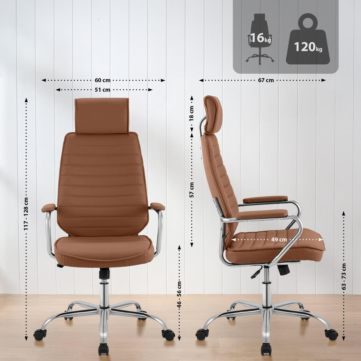CHEFSESSEL Lederlook Hellbraun - Chromfarben/Hellbraun, Textil/Metall (60/117/67cm) - CLP