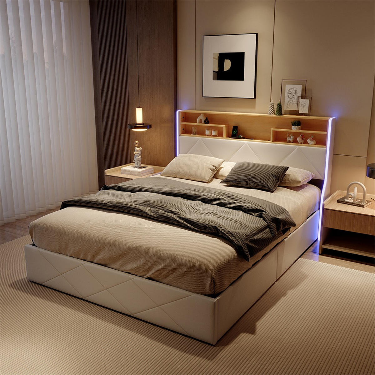 POLSTERBETT 140x200 cm mit LED-Beleuchtung - USB-Ladestation und hydraulischem Stauraum - Weiß PU-Leder - Weiß, Textil (140/200cm) - DELFA