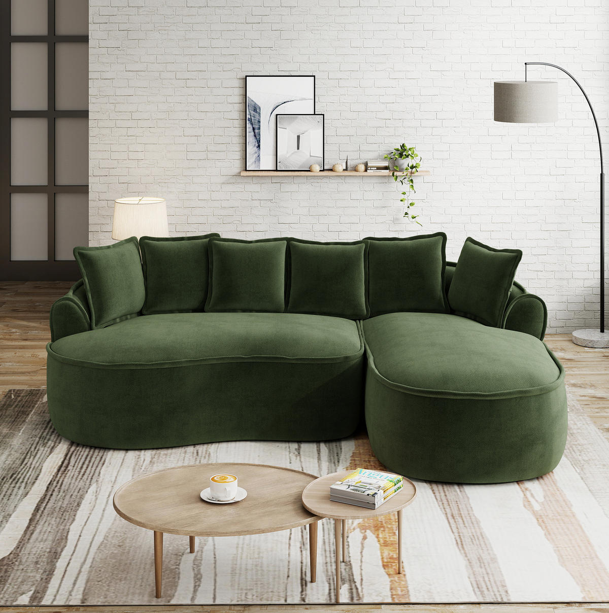 ECKSOFA 252/164/67 cm modular mit Chaiselongue 122 cm grün aus Chenille rahmenlos - Grün, Textil (164/252cm) - OKWISH