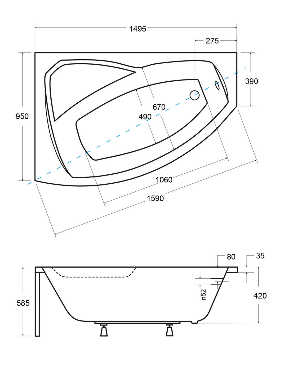 BADEWANNE Eckwanne RIMA 150/95 Links mit Styro und schwarzer Kopfstützen Ablauf Füße - Weiß, Kunststoff (95/58.5/150cm) - bad land