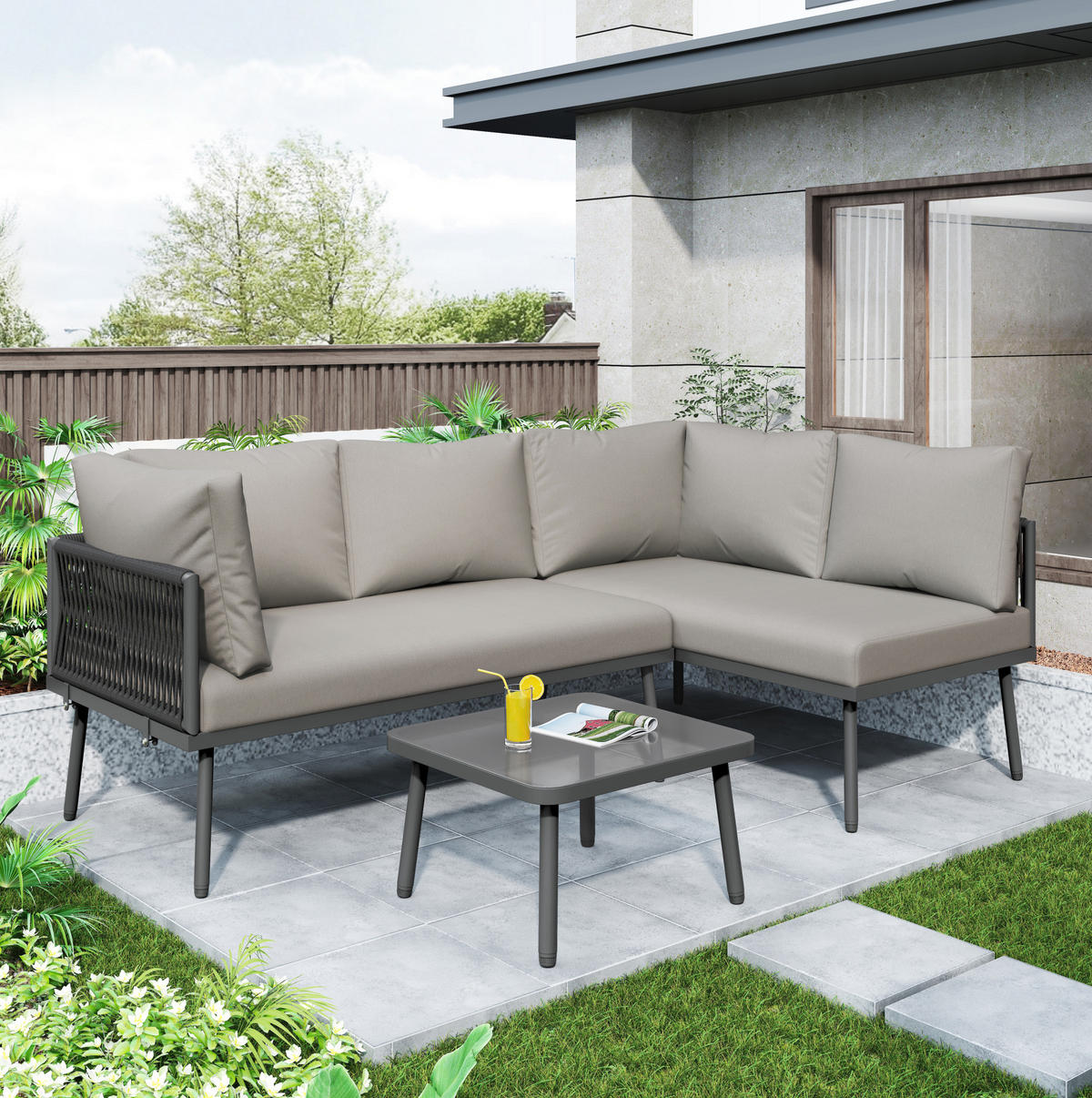 GARTENMÖBEL 120x60x72cm grau aus Eisen und mit Kissen - Grau, Metall - Modfu