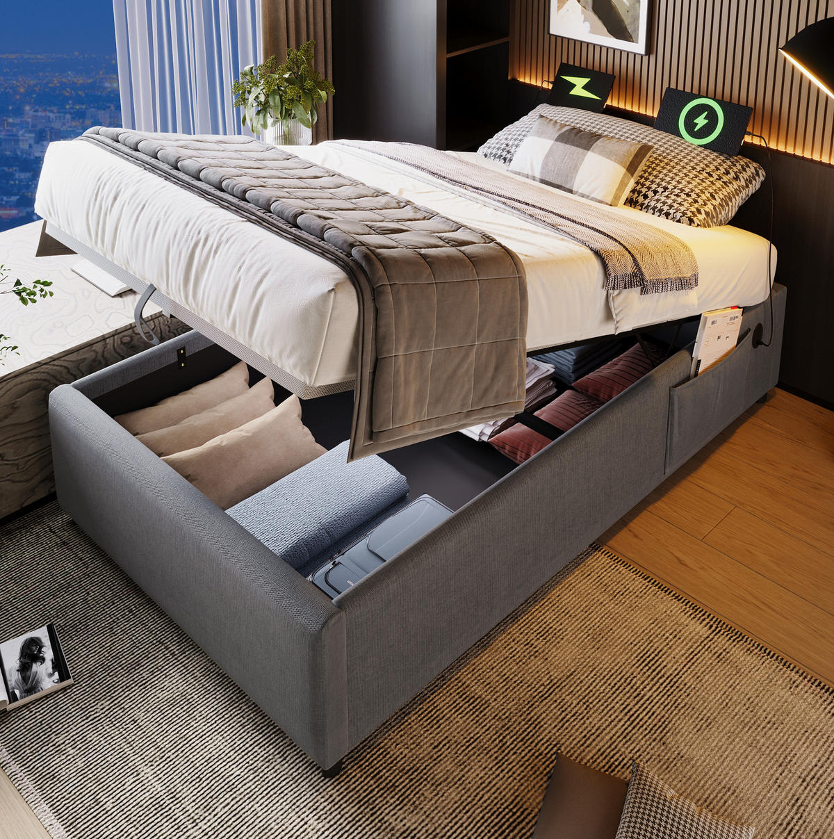 BETT mit Stauraum 90x200 cm Grau USB/Type-C - Grau, Metall (90/200cm) - Meubliv