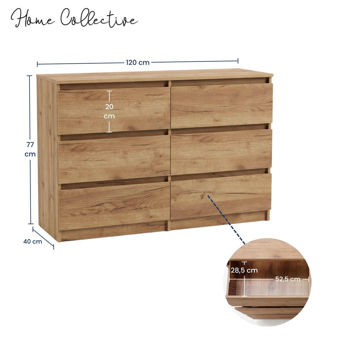 KOMMODE mit fünf Schubladen in Craft-Eiche - Naturfarben, Holzwerkstoff (120/77/40cm) - Home Collective