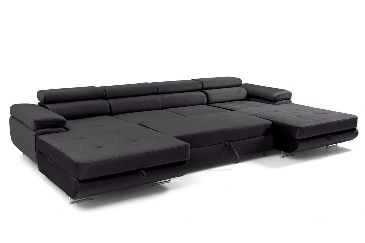 ECKSOFA U-Form ALONZO U mit Schlaffunktion 130x280 Velours Schwarz - Silberfarben/Schwarz, Holz/Textil (350/90/203cm) - Muffo