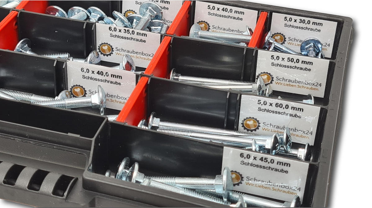 FLACHKOPFSCHRAUBEN Sortiment M5-M6-M8 // 30mm-60mm 115 tlg. Schraubenbox DIN 603 - Zinkfarben, Metall (3.5cm) - Schraubenbox24