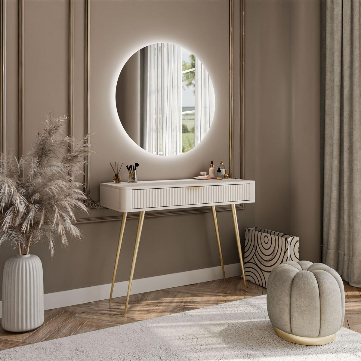 SCHMINKTISCH SCARLETT MIT RUNDEM LED-SPIEGEL BEIGE + GOLD - Beige, Holzwerkstoff (100/78/38cm) - Lookway