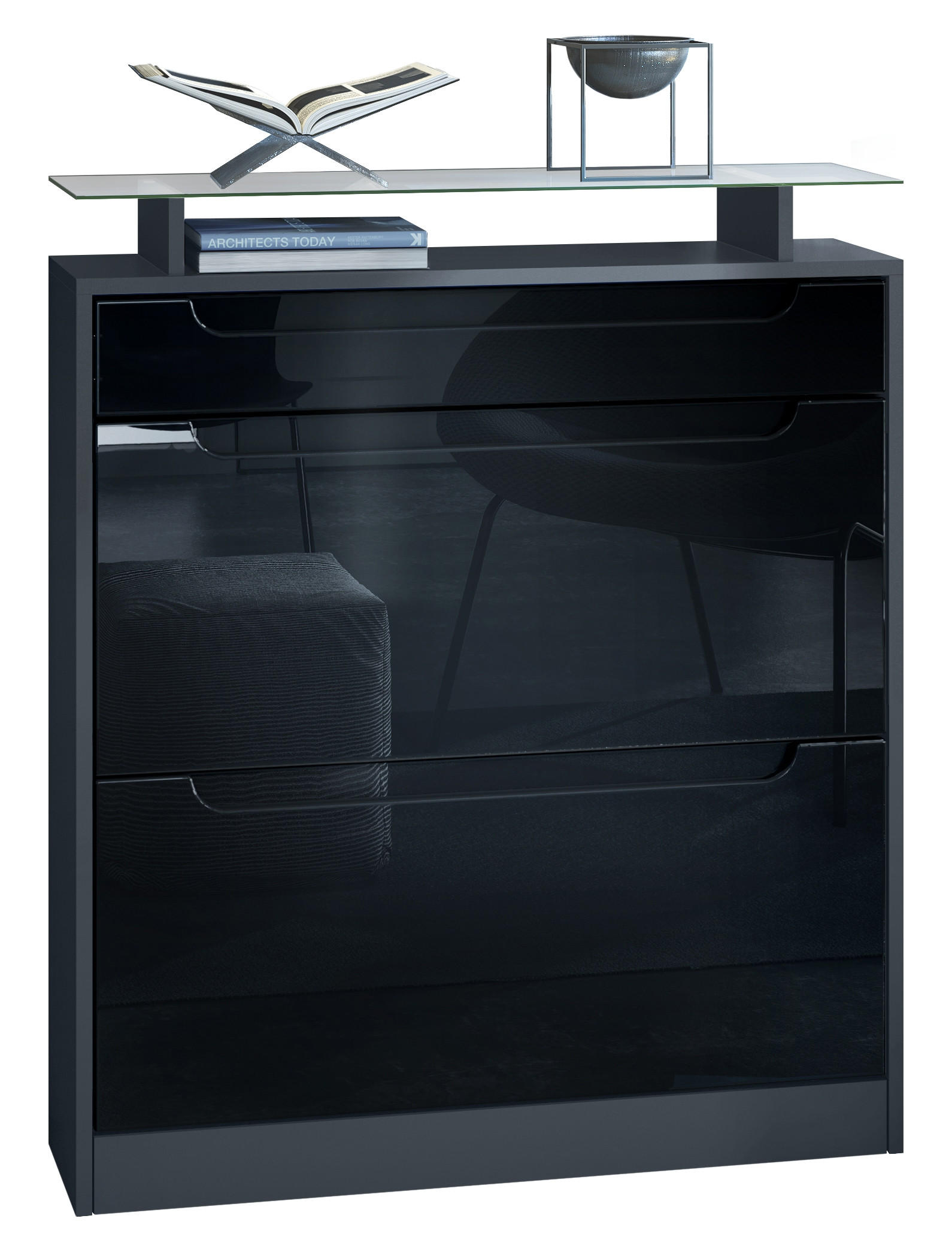 SCHUHSCHRANK Fiesta Fronten in Schwarz Hochglanz, Griffmulden in Schwarz Hochglanz - Schwarz Hochglanz, Holzwerkstoff (89/104/23cm) - Vladon