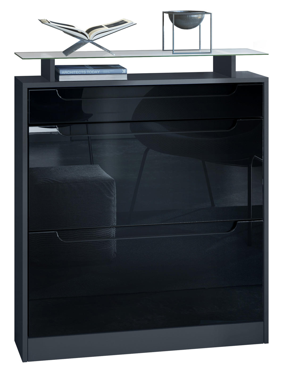 SCHUHSCHRANK Fiesta Fronten in Schwarz Hochglanz, Griffmulden in Schwarz Hochglanz - Schwarz Hochglanz, Holzwerkstoff (89/104/23cm) - Vladon