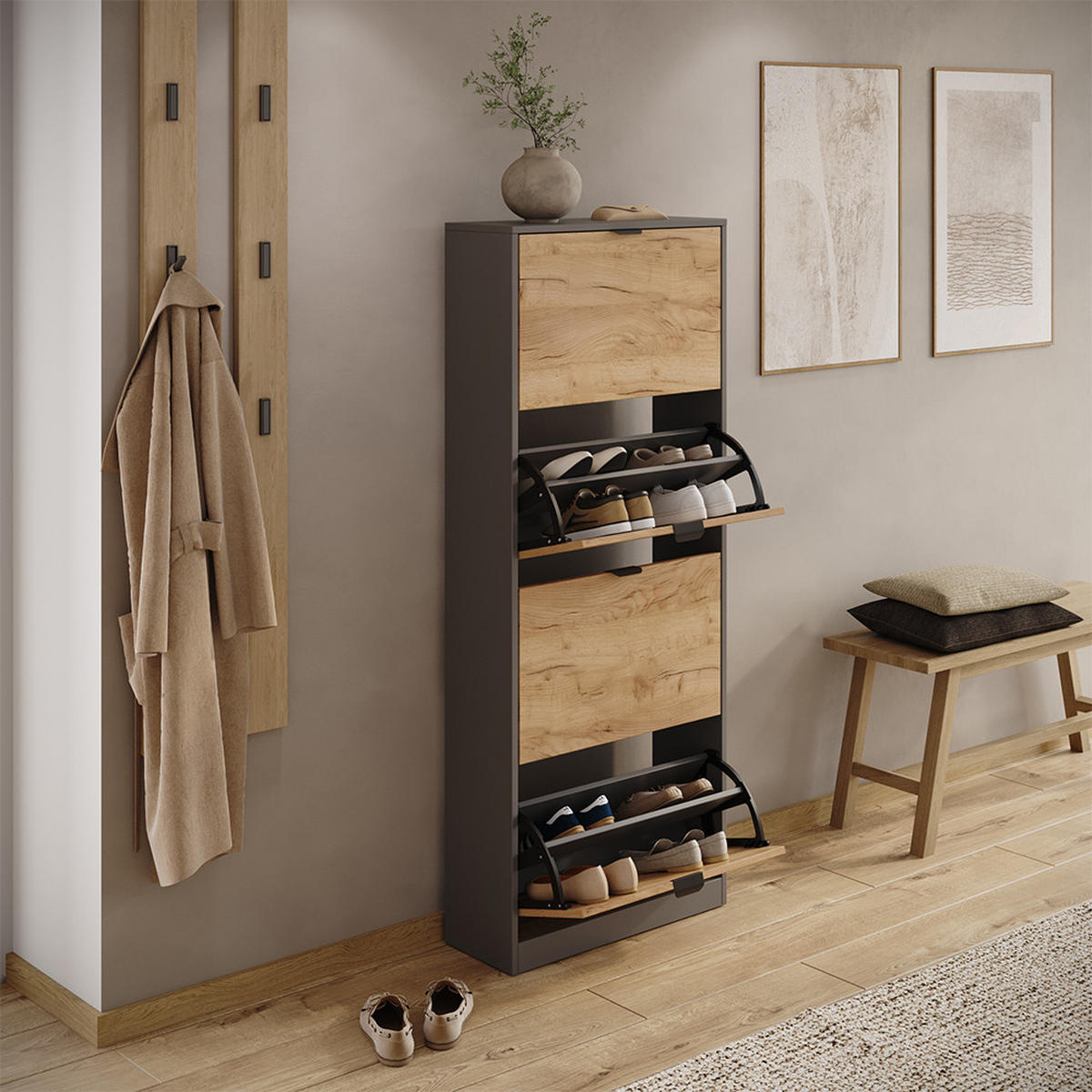 SCHUHKIPPER Gizmo, Goldkraft Eiche/Anthrazit, 59 x 146.6 cm mit 4 Fächern - Honigeiche/Anthrazit, Holzwerkstoff (59/146.6/22cm) - Vicco