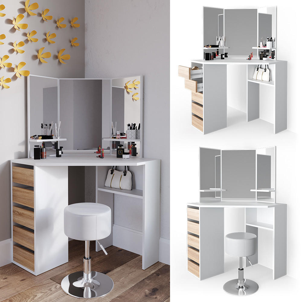 ECKSCHMINKTISCH Arielle Weiß/Sonoma 110 cm mit Hocker - Weiß/Sonoma Eiche, Holzwerkstoff (110/141.5/54cm) - Vicco