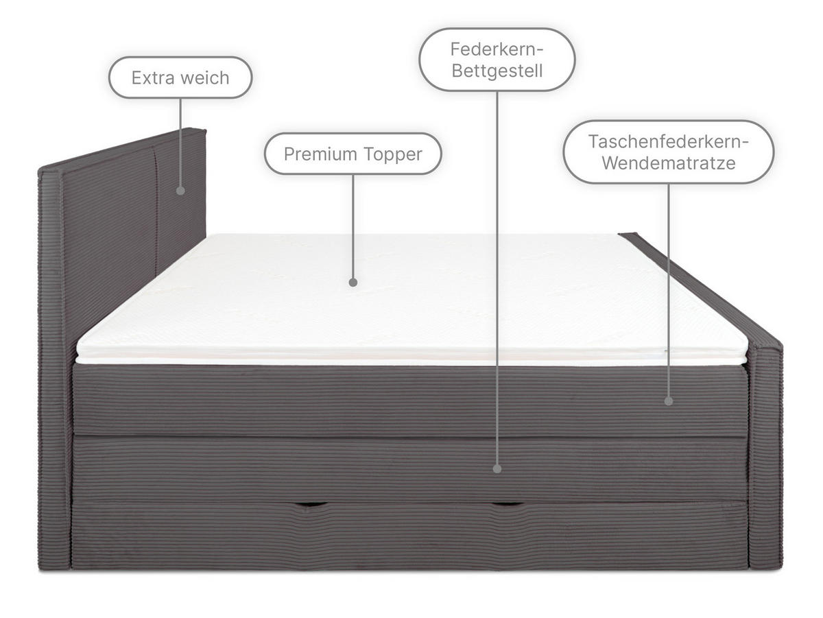 BOXSPRINGBETT Buffalo Anthrazit 160 /200 cm H2/H3 Cord - Anthrazit, Textil (160/200cm) - wonello