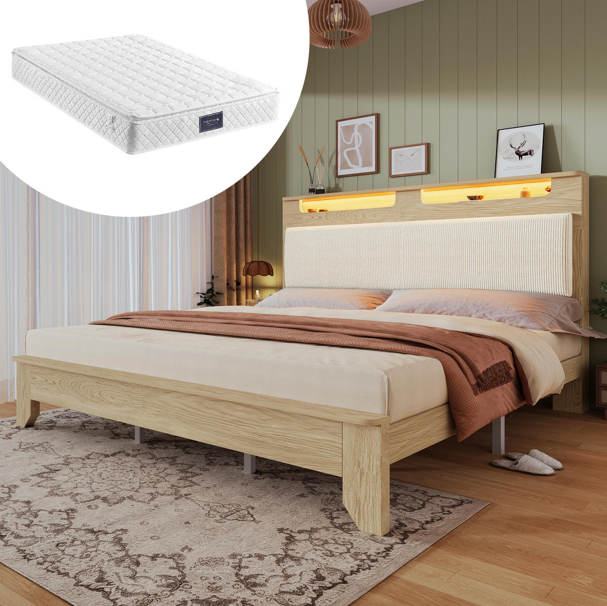 POLSTERBETT 160/200 cm Beigefarbenes Cord mit LED-Beleuchtung und Stauraum aus heller Eiche Mit Matratze - Beige, Textil (160/200cm) - OKWISH