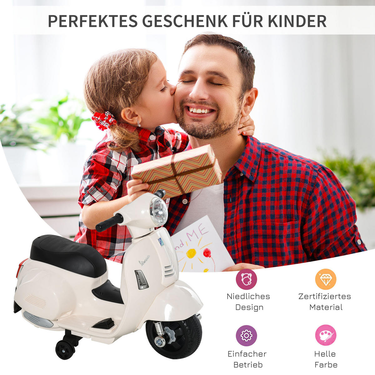 VESPA Elektromotorrad Kindermotorrad Elektrofahrzeuge 1,5 bis 3 Jahren Weiß - Weiß, Metall (66.5/38/52cm) - HOMCOM
