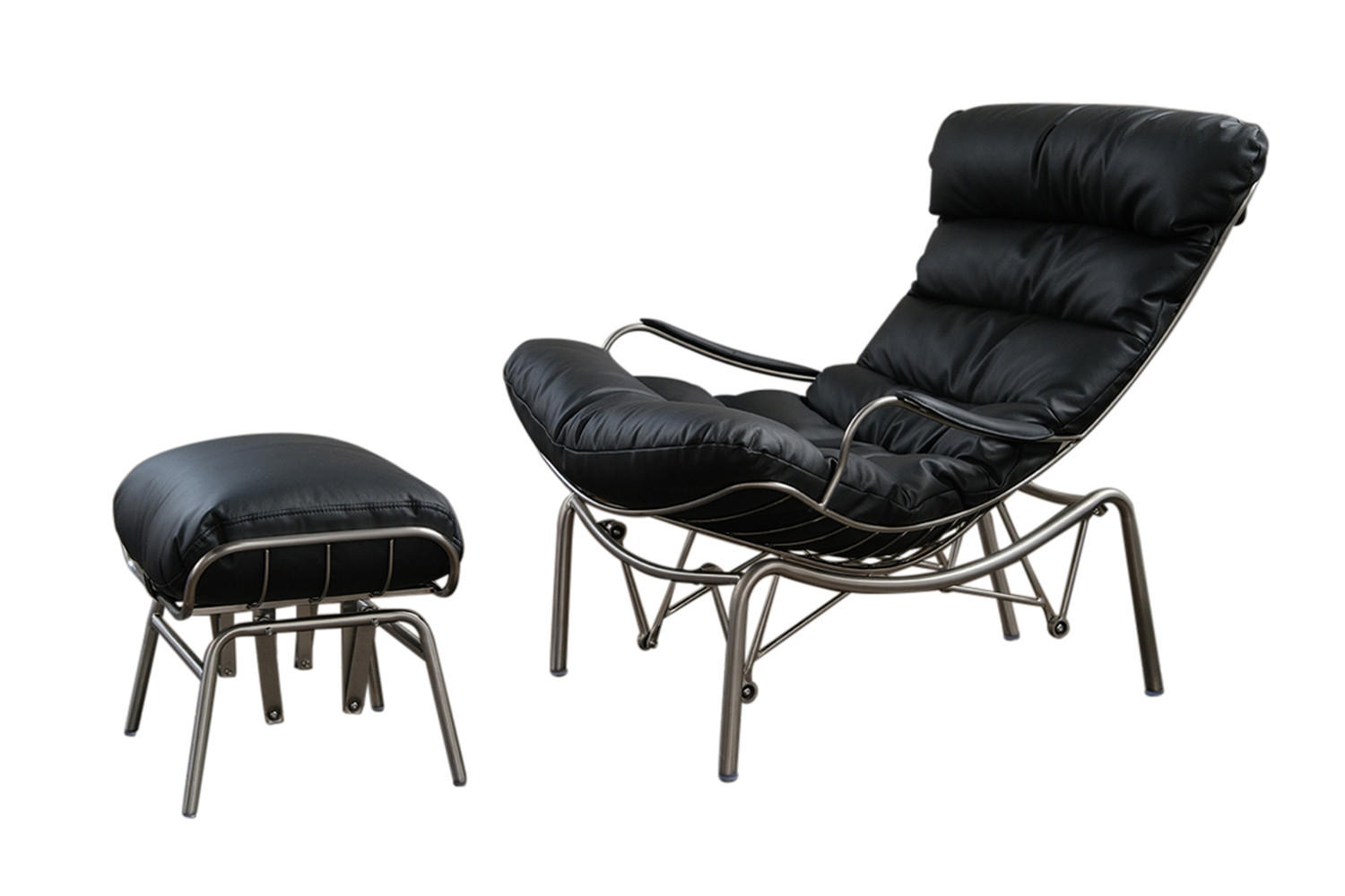 SESSEL MIT HOCKER ROWA Schwarz Leder - Silberfarben/Schwarz, Leder/Metall (77/88/103cm) - KAWOLA