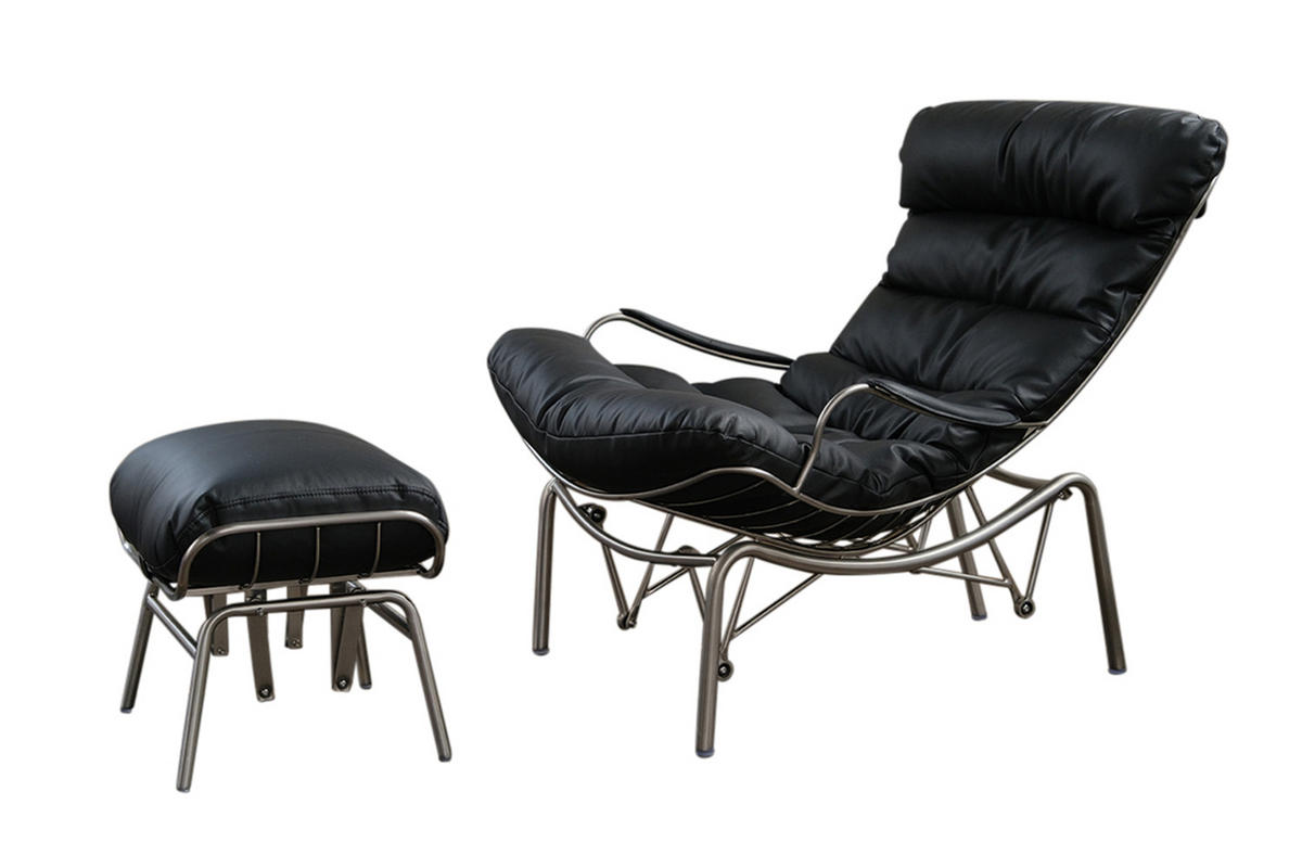 SESSEL MIT HOCKER ROWA Schwarz Leder - Silberfarben/Schwarz, Leder/Metall (77/88/103cm) - KAWOLA