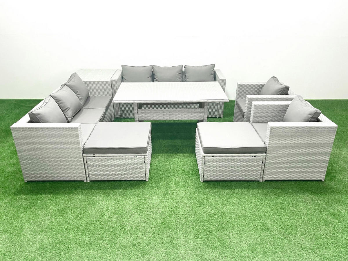 GARTENMÖBEL SET mit 3-Sitzer-Sofa und 2 Stühle, Esstisch,2 Großer Hockern,Beistelltisch Polyrattan Hellgrau 10-Sitzer - Hellgrau/Grau, Glas/Kunststoff - Fimous