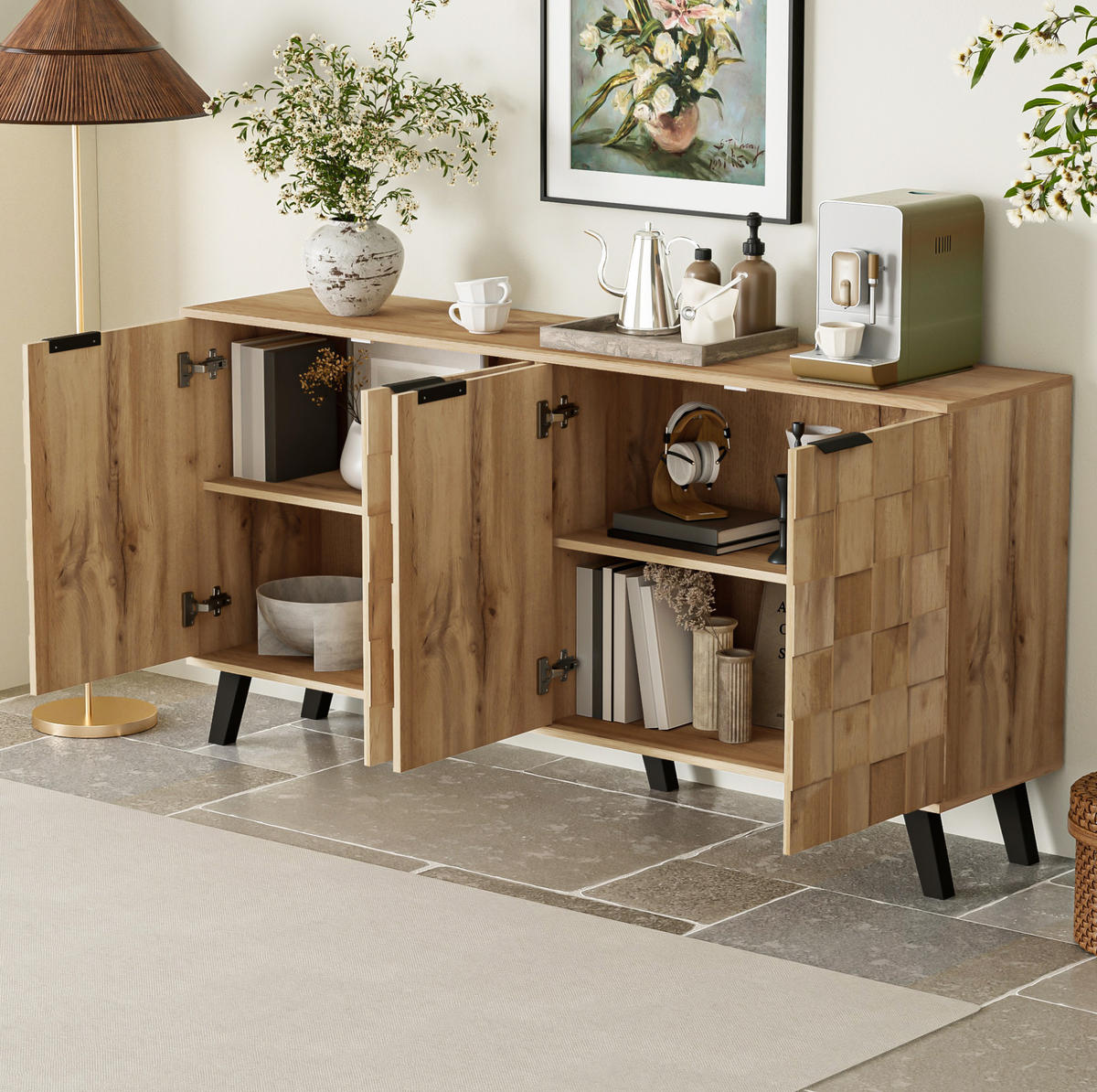 SIDEBOARD mit 4 Türen, Holzoptik mit geometrischem Muster und schwarzen Beinen, 160,5/35,5/78 cm, Naturfarben - Naturfarben, Holzwerkstoff (160/78/35.5cm) - Redom