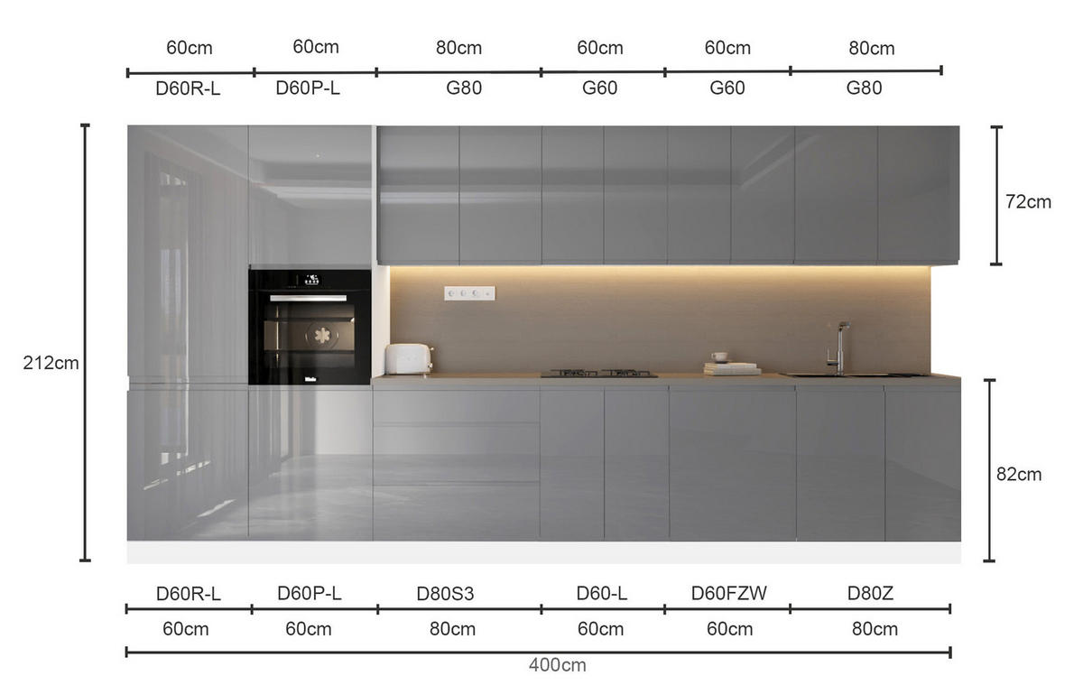 KÜCHENZEILE 400 cm - Velmora KÜ-AS-002 - in Grau / Hochglanz - Grau, Holz (400/212/58cm) - ROYAL24_MARKT