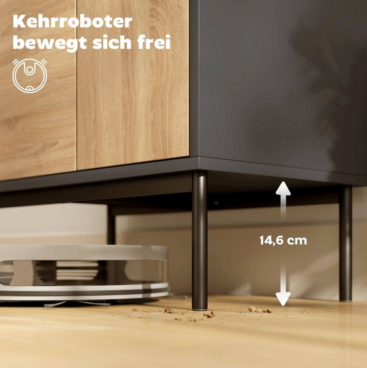 SIDEBOARD mit Push-to-open-Funktion, 4 geschlossenen Fächern und Metallbeinen aus MDF-Holzwerkstoff, Schwarz/Naturholzoptik - Schwarz, Holz (60/78/35cm) - Redom