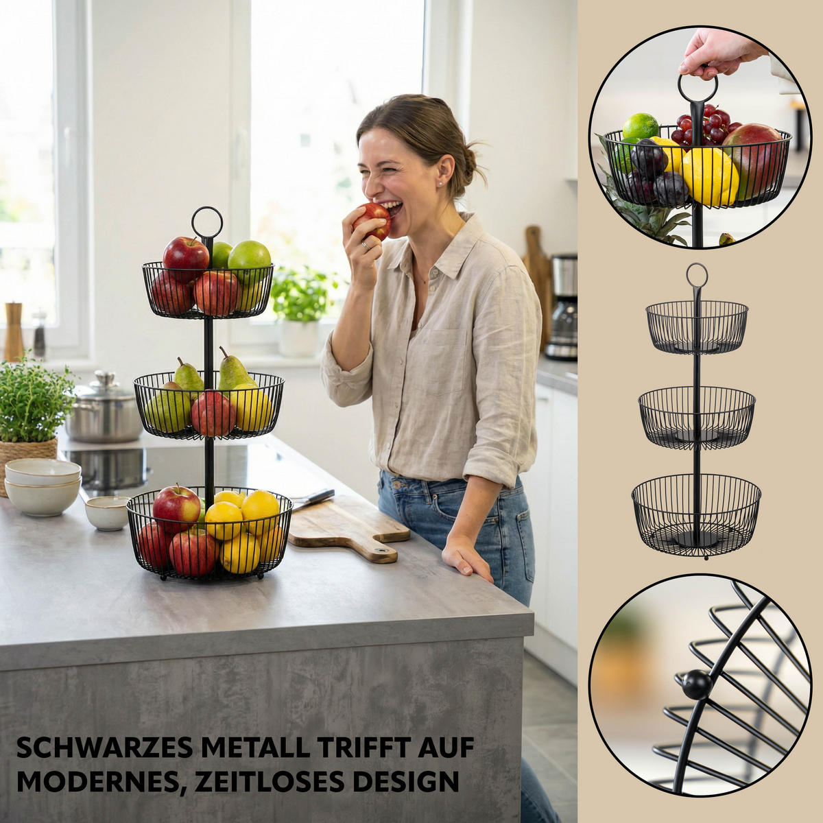 OBSTETAGERE, 3-stöckig, rund, Metall, Schwarz - Schwarz, Metall (63.5cm) - eluno