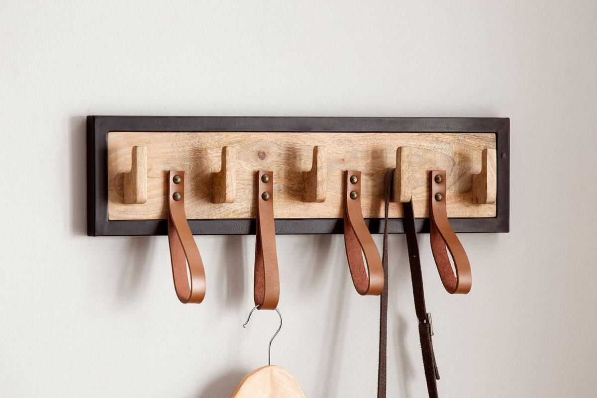 WANDGARDEROBE Mango Massivholz Echtleder Modern 60x15x6 cm mit Schlaufen - Braun, Leder (60/15/6cm) - KADIMA DESIGN