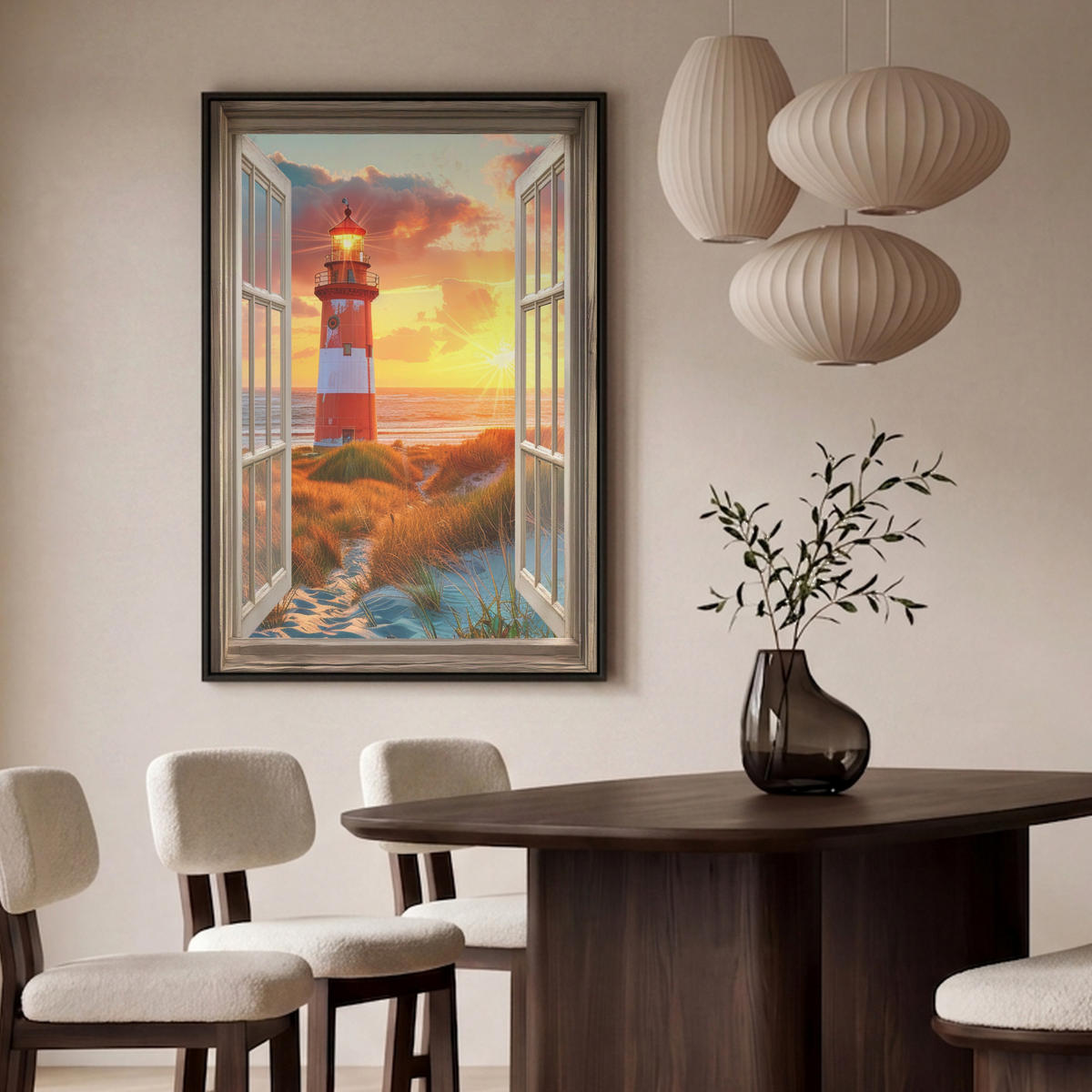 LEINWAND Bilder mit Rahmen - Aussicht - Fenster - Leuchtturm - Sonnenuntergang - Strand - 80x120 - Dunkelorange, Textil (80/120cm) - MuchoWow