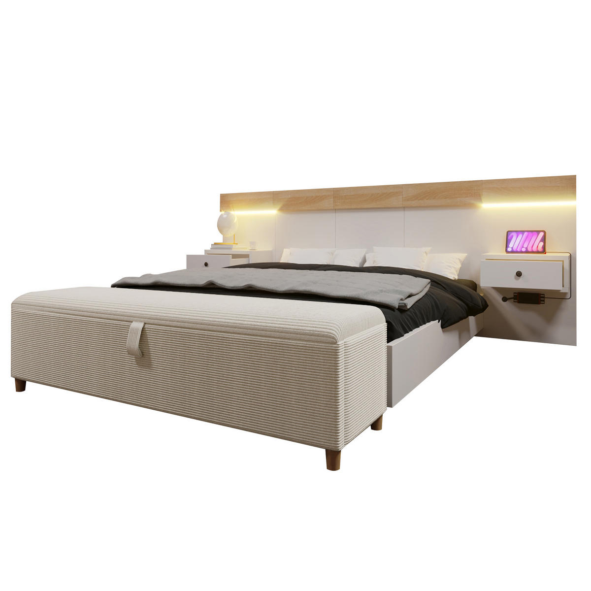 DOPPELBETT 140/200 cm Weiß aus Holz Cord mit LED-Nachttischen USB-C Stauraumbank - Weiß, Textil (140/200cm) - OKWISH