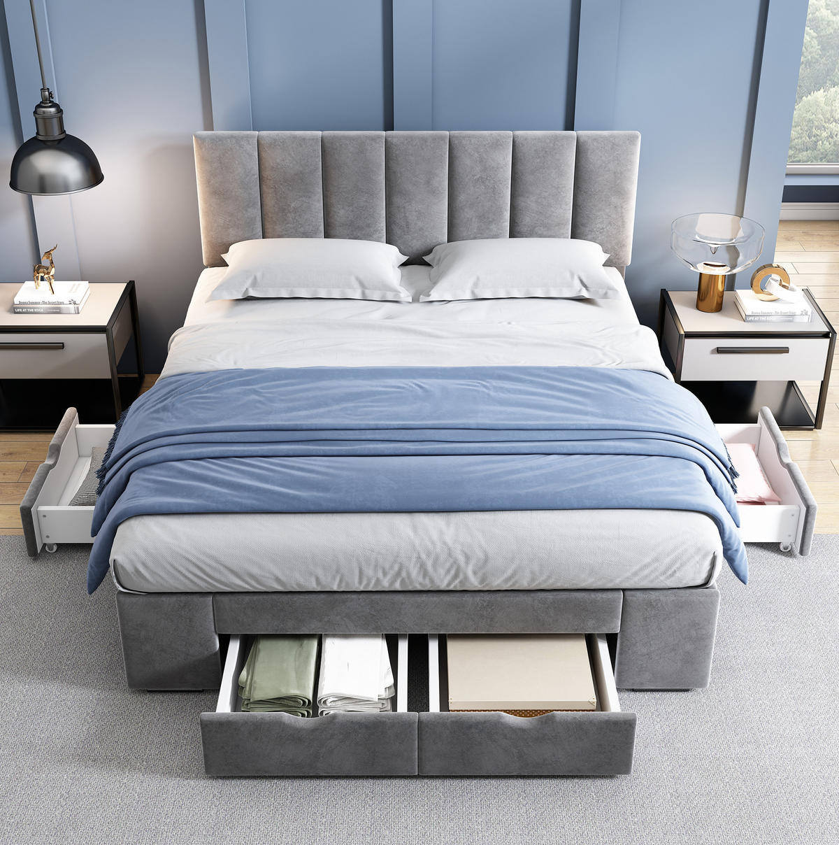 POLSTERBETT 140/200 cm Grau mit Lattenrost und 4 Schubladen - Grau, Textil (140/200cm) - OKWISH