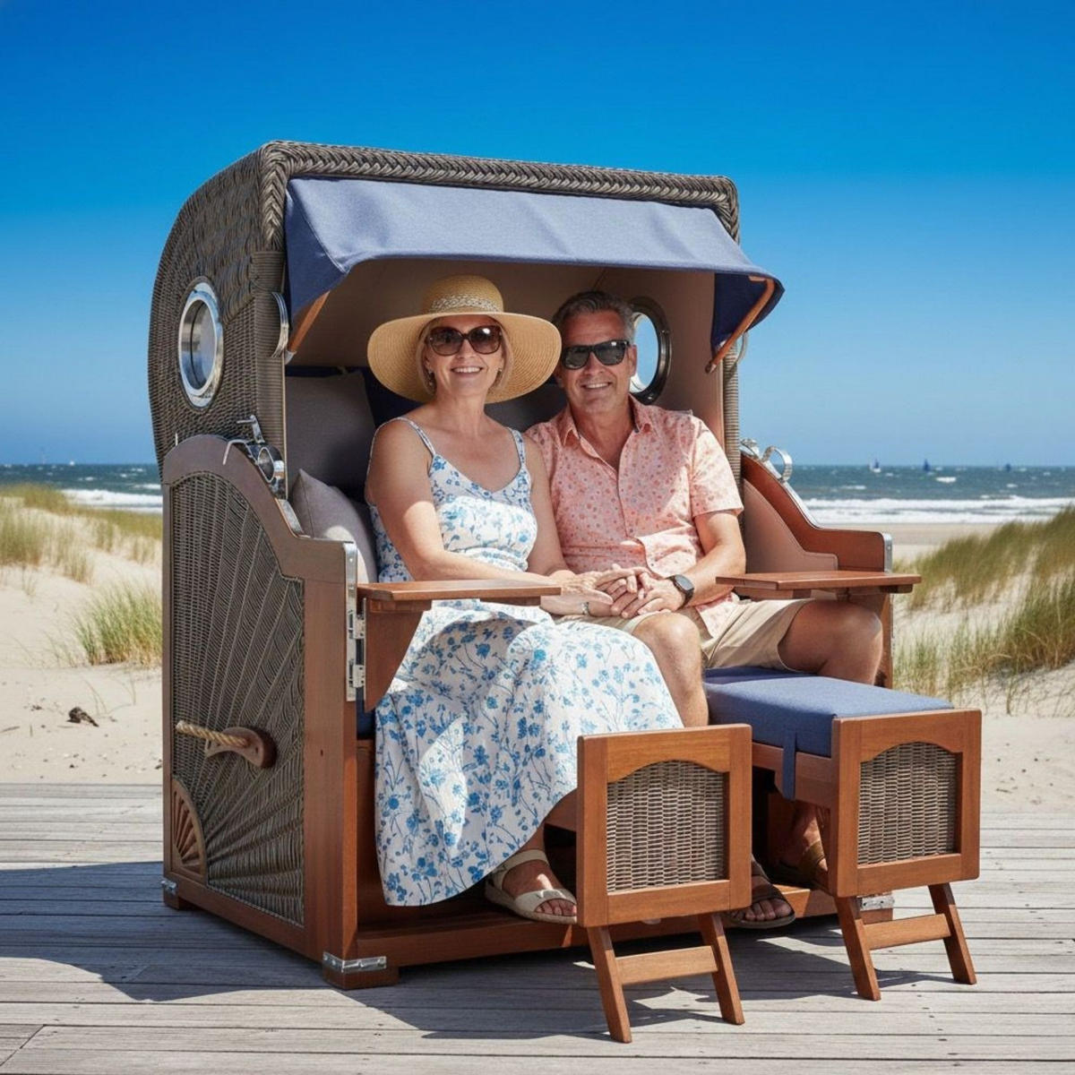 STRANDKORB 2-Sitzer Düne Mahagoni - Blau/Braun, Holz/Metall (125/170/80cm) - Mr. Deko