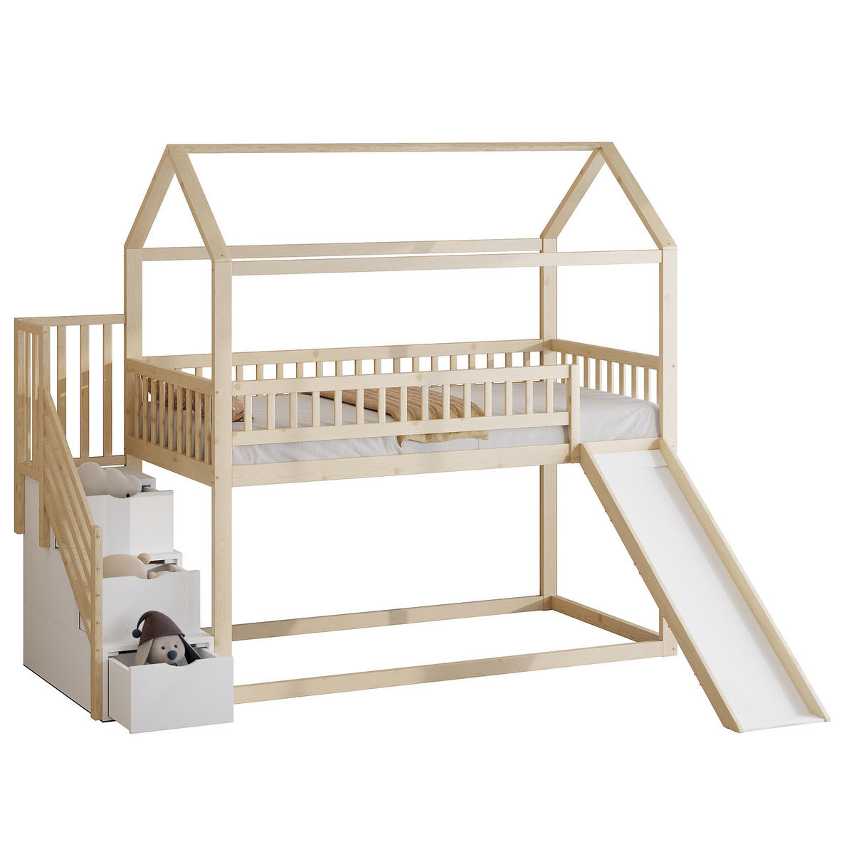 KINDERHOCHBETT aus Holz 90x200 cm Naturholz mit Rutsche und Aufbewahrungsleiter - Weiß, Holz (90/200cm) - IVMEU