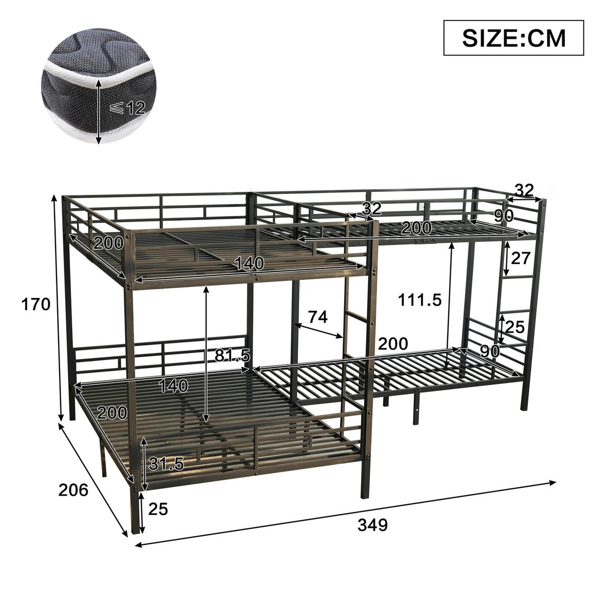 ETAGENBETT 90/200 cm und 140/200 cm Schwarz aus Eisen mit stabilen Lattenrost - Schwarz, Metall (90/200cm) - OKWISH