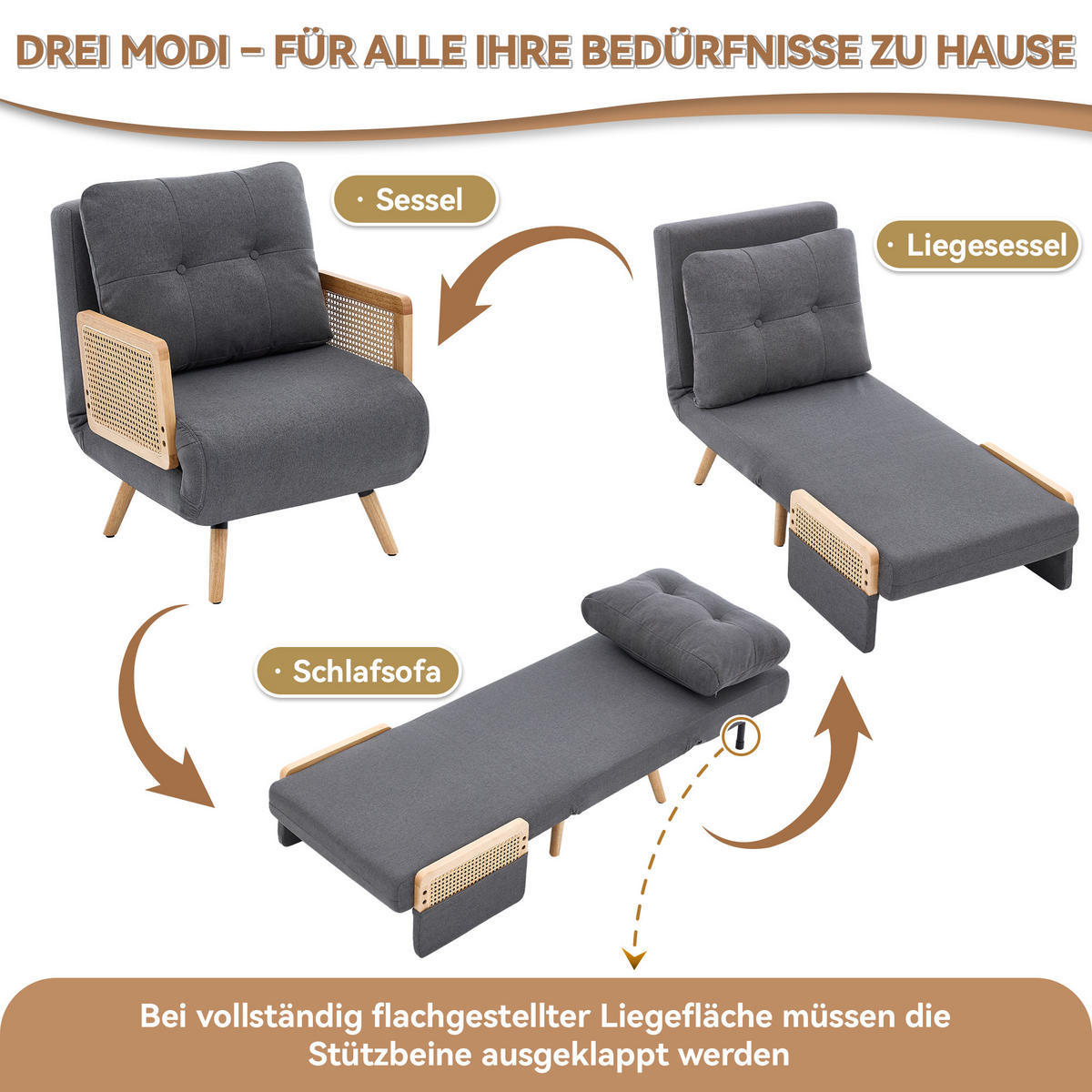 SESSEL Leinen Grau klappbar und verstellbar - Grau, Holz/Holzwerkstoff (67.5/86.5/73cm) - WISHDOR
