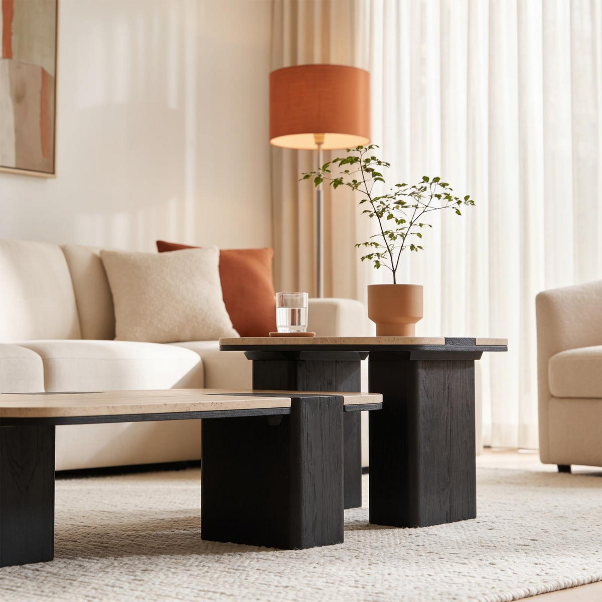 COUCHTISCHSET SURAT/DELHI 2er Set beige/schwarz - Beige/Schwarz, Naturmaterialien/Holz (60/100/27cm) - IDIMEX