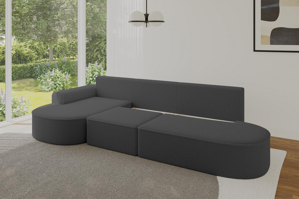 ECKSOFA mit Schlaffunktion Ottomane Links MARI L2-S 368X167X85 Grau Bouclé - Schwarz/Grau, Holzwerkstoff/Kunststoff (368/167cm) - ALTDECOR