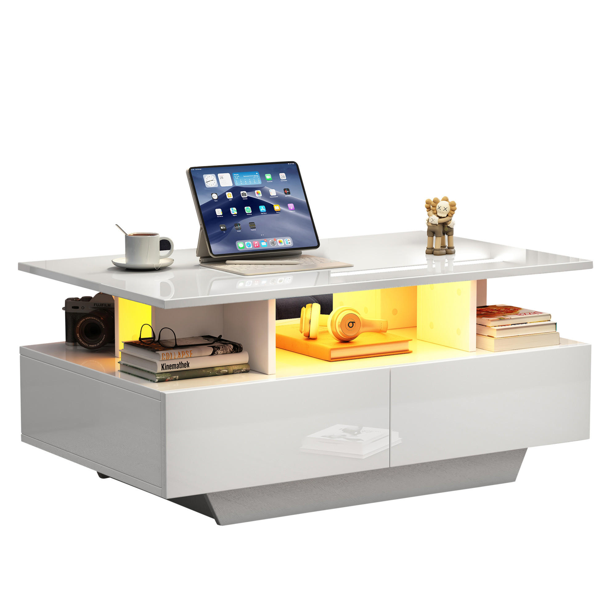 COUCHTISCH 90/55/41 cm weiß aus Spanplatte mit LED-Beleuchtung und 2 Schubladen - Weiß, Holzwerkstoff (90/55/41cm) - OKMYHOME