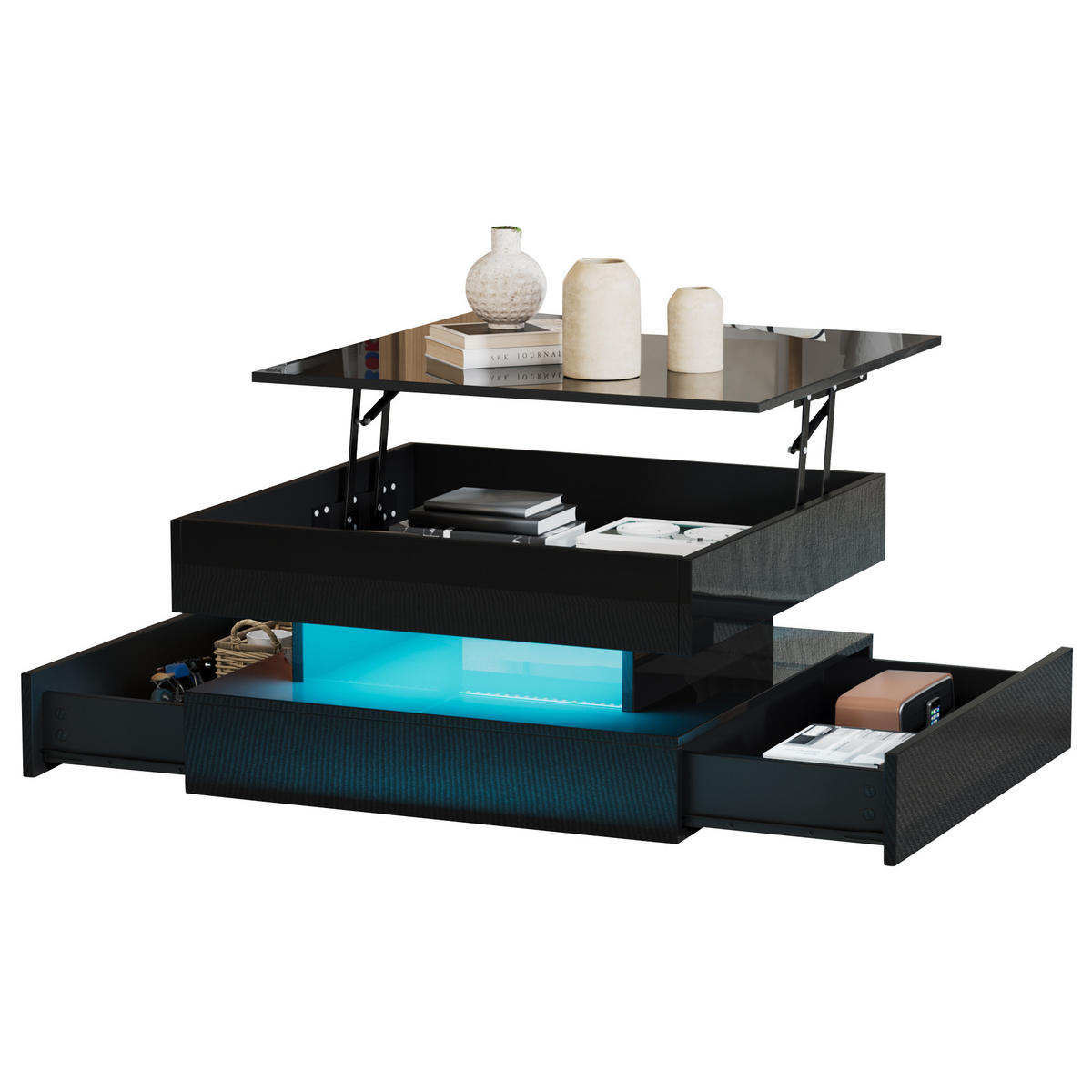 COUCHTISCH 65x65x38,5cm -höhenverstellbar Schwarz mit LED-Licht und Stauraum - Schwarz, Holz (76.84/75.18/19.69cm) - Raelunyi