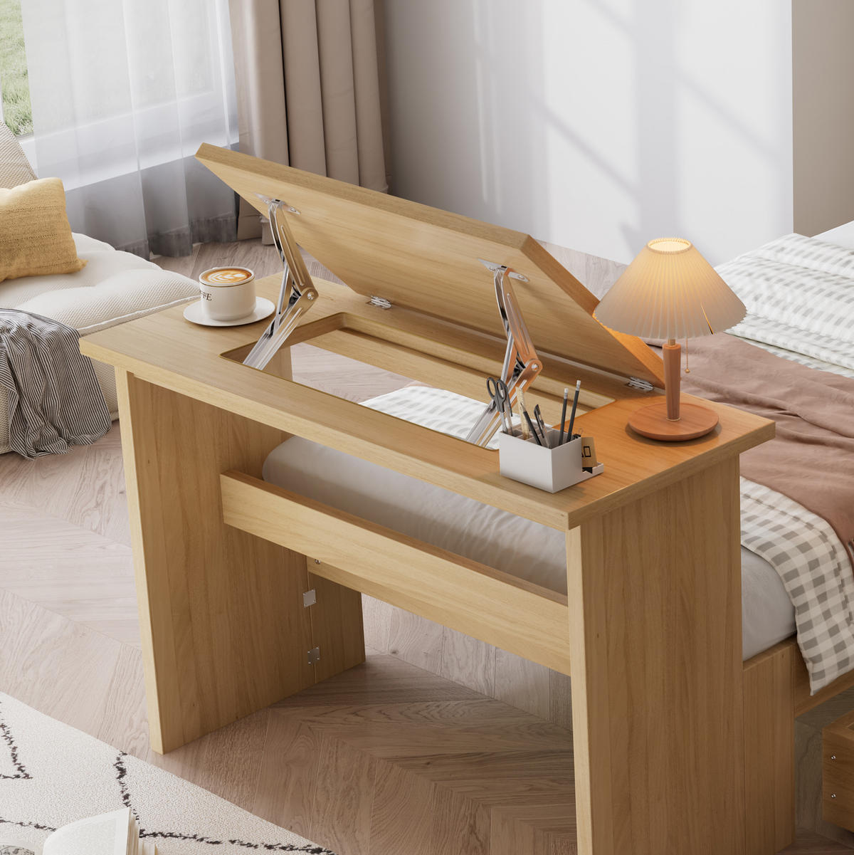 JUGENDBETT 90/200 cm in Natur mit Stauraum, Klapptisch und Kopfteilregal - Naturfarben, Holzwerkstoff - STILVORA